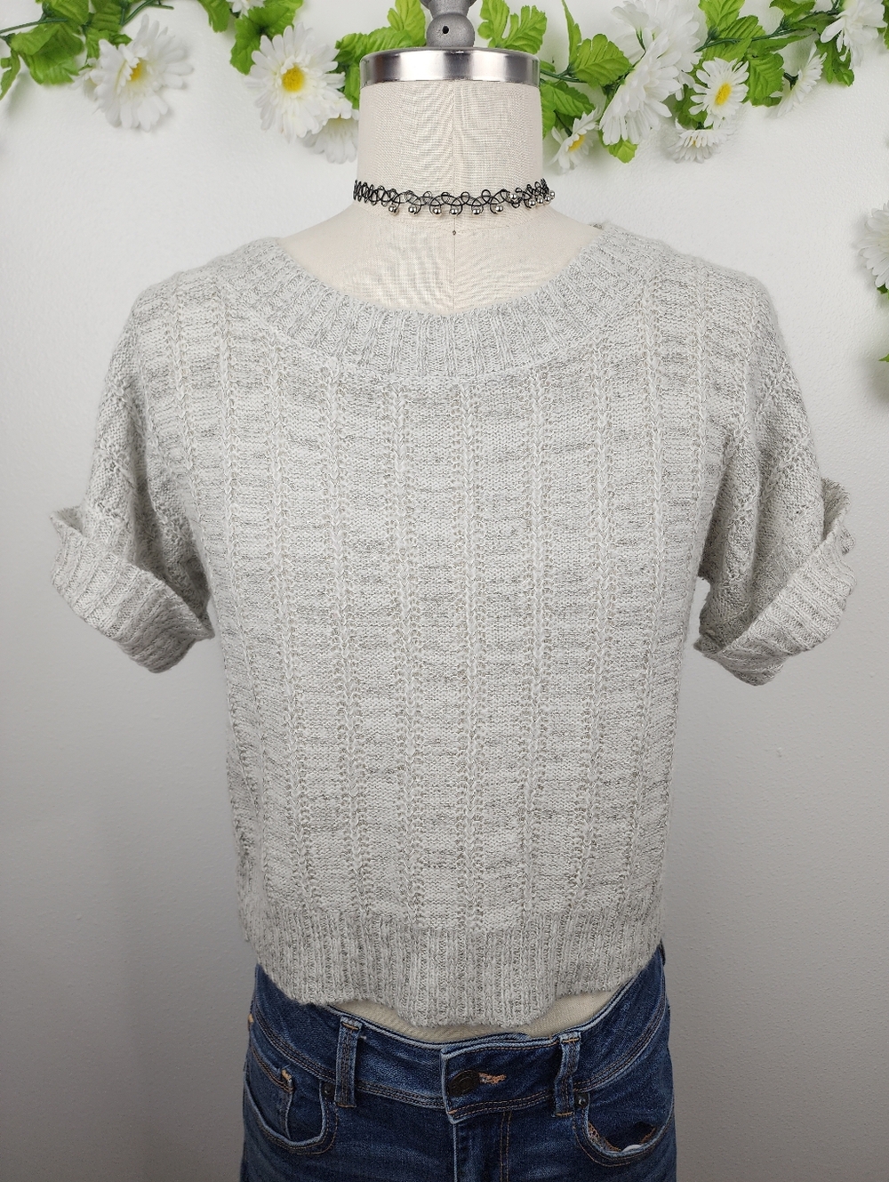 Sweater Project - Light Gray Short Sleeve Knit Sweater Sz Large